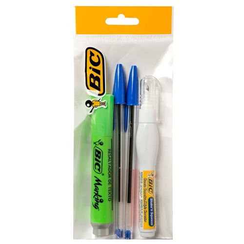 Corrector BIC + Resaltador + 2 Bolígrafos cristal regalo