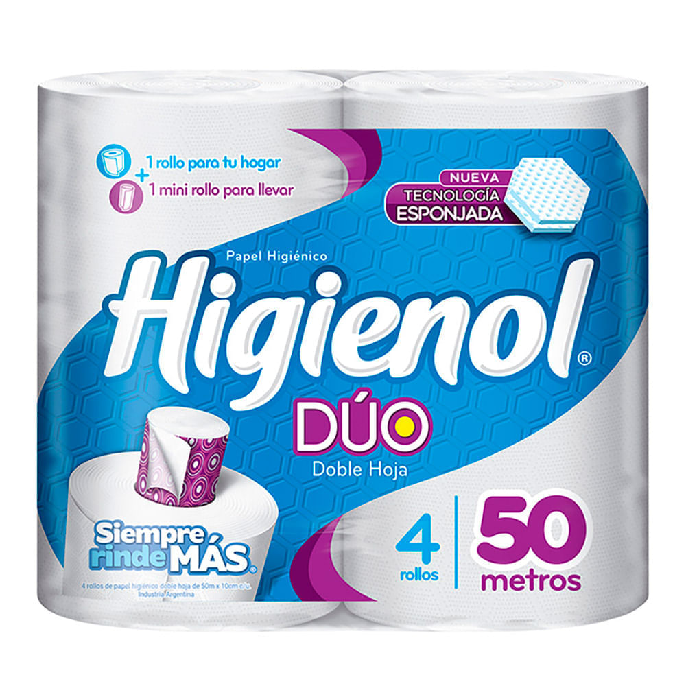 Papel Higiénico Higienol Doble Hoja Duo 50 M X 4 Un Disco