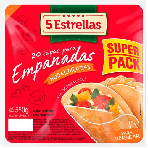 Tapas para empanadas hojaldradas 5 ESTRELLAS x 20 un. 550 g