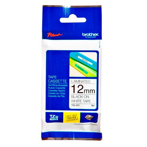 Cinta BROTHER para rotuladora  negro/ blanco 12 mm tze-231