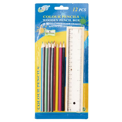 Lápices colores 12 un. + Cartuchera de madera con Regla y Sacapunta