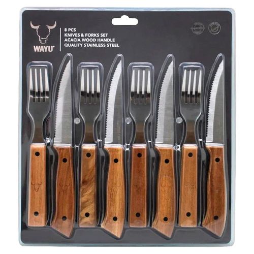 Set x8 Cuchillos y Tenedores Acero Inoxidable Mango Madera