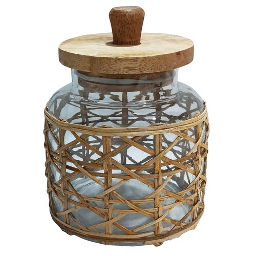 Frasco Vidrio con Tapa Madera Forrado Hilo 15x12 cm